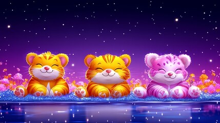 Adorable tiger cubs sitting in a magical landscape under a starlit night sky evoking childish wonder and whimsical sweetness for fantasy illustrations
