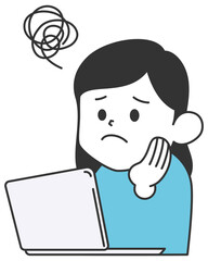 パソコン画面を見ながら困っている女性