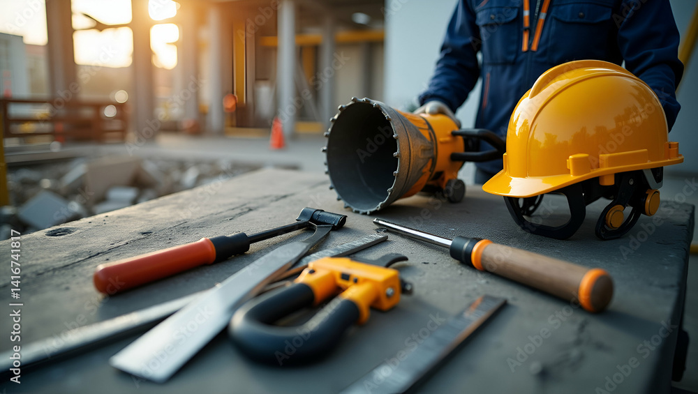 Poster comprehensive visual of building tools in active construction: emphasizing structural design, robust