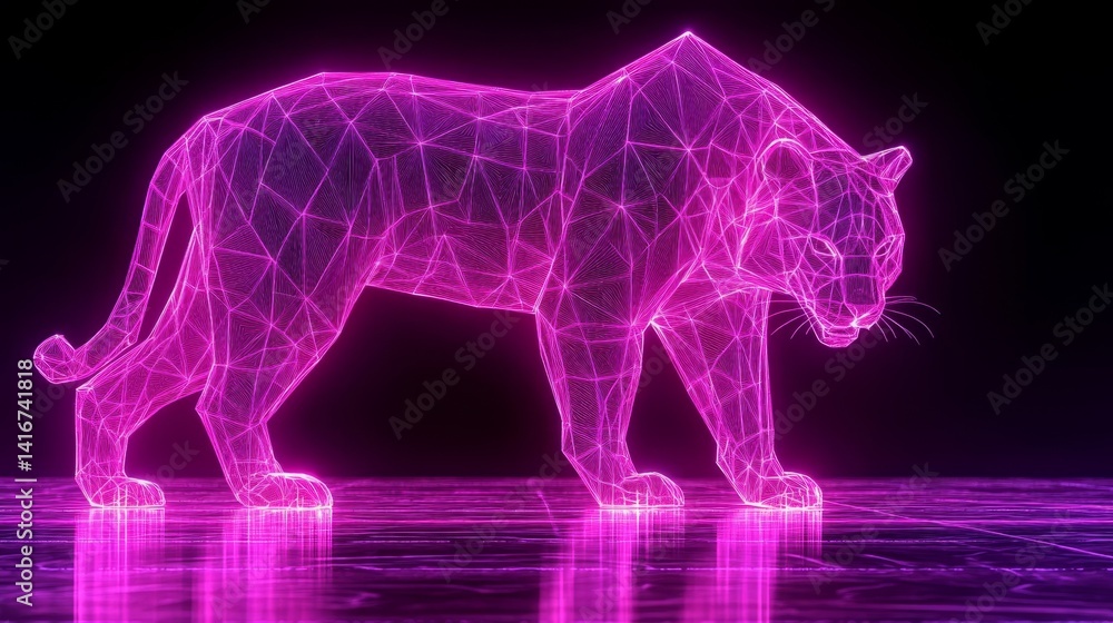 Poster digital panther made with particles walking with a violet gradient perfect for technology companies 