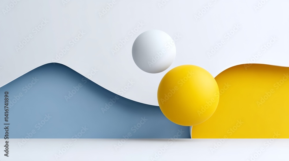 Poster blue and yellow background with two balls in the middle. the balls are floating in the air and the b