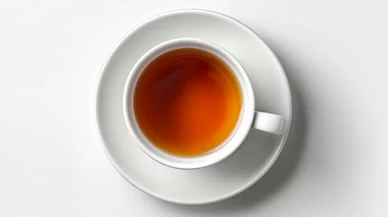 Fototapete Rund White cup with a brown liquid in it. The cup is sitting on a white plate. The cup is half full © Nataliia_Trushchenko