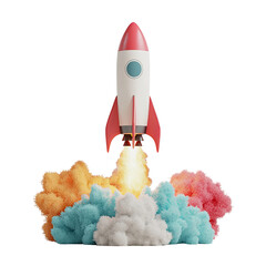 Png of A vibrant cartoon rocket takes off against colorful clouds, symbolizing adventure and innovation.