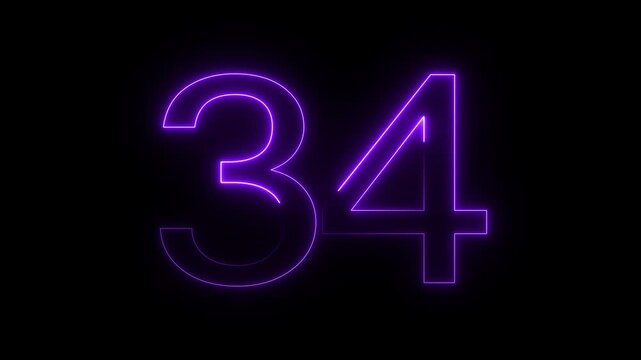 Neon glowing numbers 34 digital countdown timer isolated on black background for time concept stock animation modern display flashy countdown timer