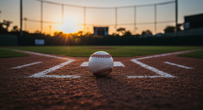 Baseball on Field at Sunset - Powered by Adobe