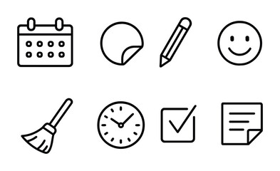 Set of eight minimalist line icons including calendar, pencil, smile, clock, and more.