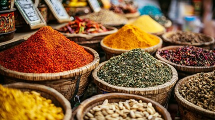 Fototapeta premium Spices in market displayed in woven baskets in vibrant colors