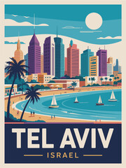Tel Aviv, Israel travel destination poster in retro style. Colorful vector art illustration
