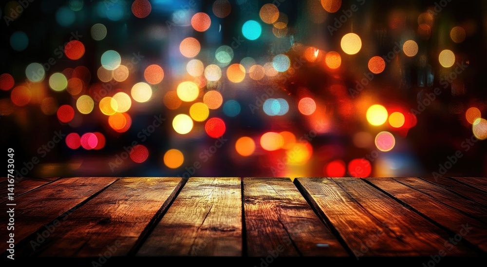 Poster rustic wood table with bokeh light effect, stage background, mockup showcase display
