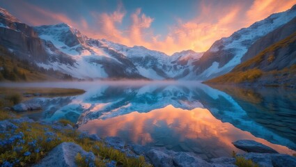 Mountain lake reflection at sunset