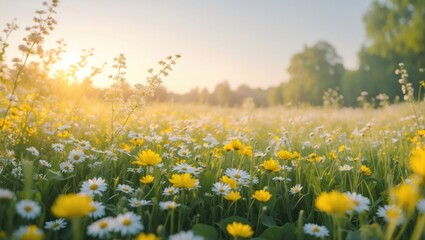 Obraz premium Daisy and Yellow Flower Field at Sunrise