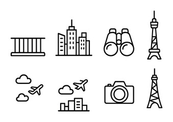 Obraz premium Urban skyline and travel icons featuring towers and airplanes.