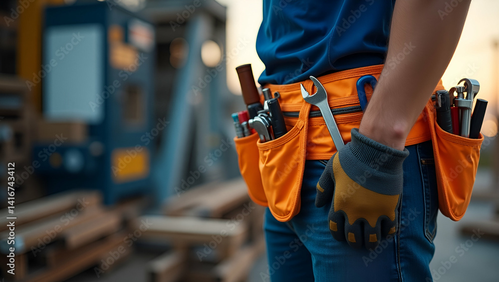 Poster innovative ergonomic tool belt design for efficient storage of professional implements in dynamic co