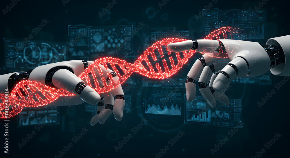 Poster robot hands touching red dna molecule digital background in concept of future artificial intelligenc