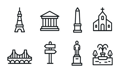 Fototapeta premium Icon set of landmarks and structures featuring tower, temple, obelisk, church, bridge, signpost, statue, fountain.