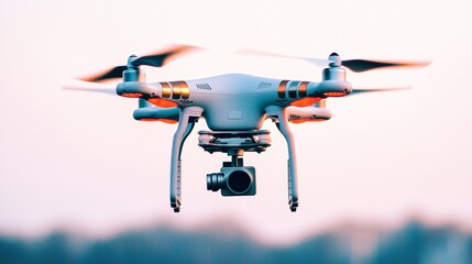 Drone hovering over a serene landscape during sunset, capturing stunning aerial views and images