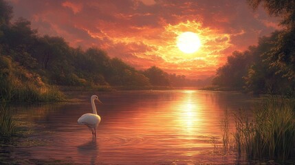Enthralling sunset over tranquil waters with a lone swan wading gracefully a pictorial embodiment of serenity nature's delicate harmony