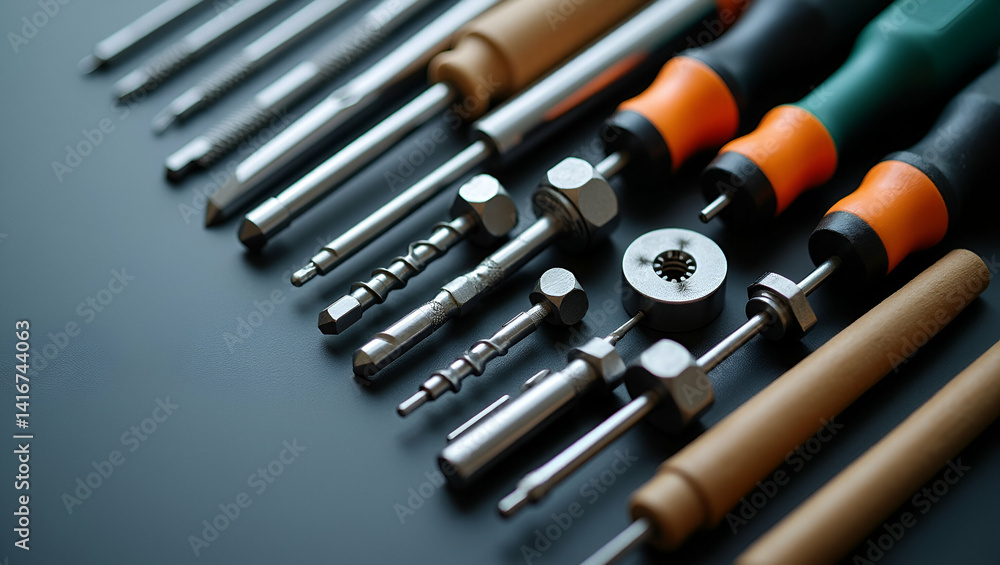 Poster professional composition of assorted screwdrivers arranged systematically, showcasing precision engi