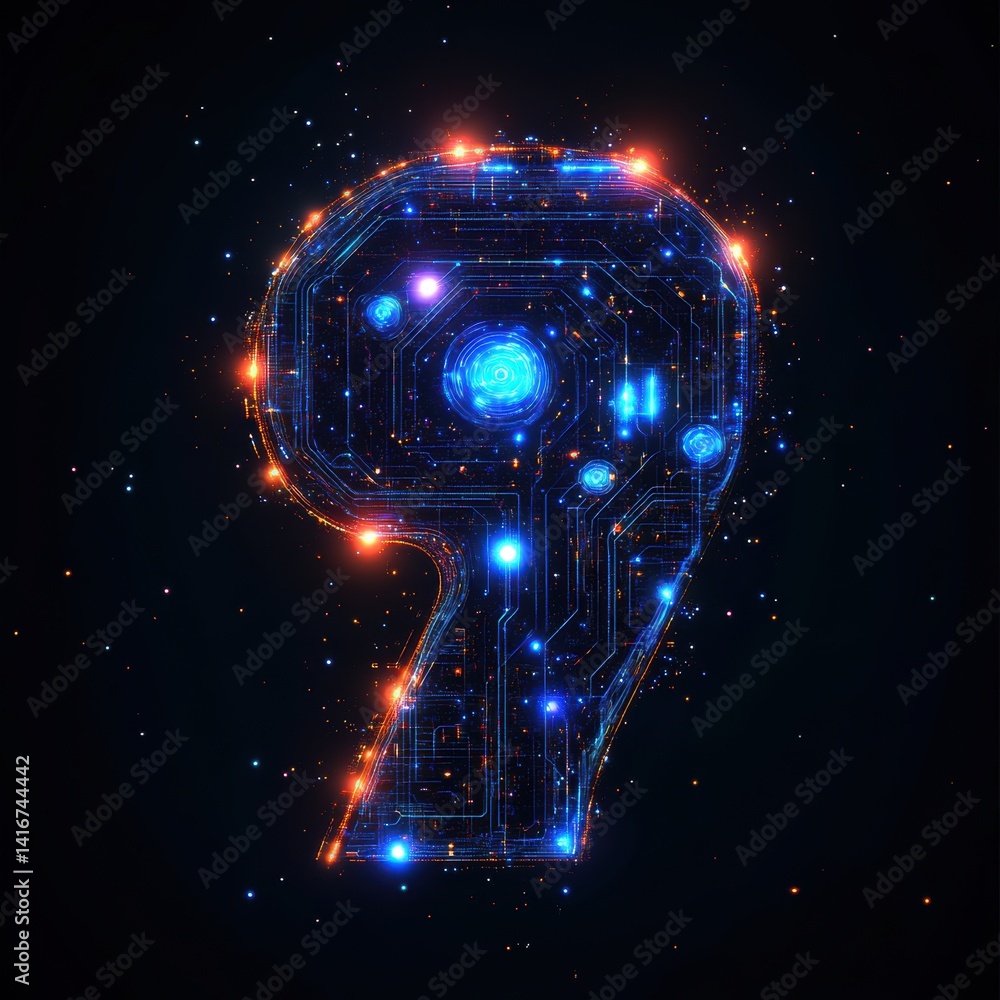 Poster abstract futuristic tech-inspired number nine illuminated with circuit board patterns against a dark