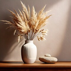 Modern Ceramic Vase with Dried Pampas Grass and Flowers