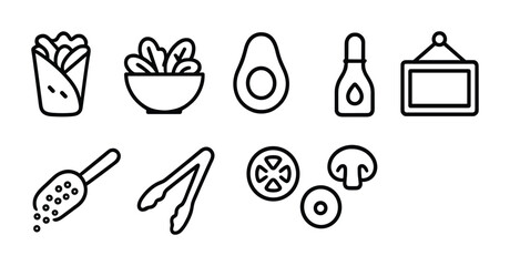 Set of food and kitchen icons: wrap, salad, avocado, oil, spices, utensils, vegetables, mushrooms.