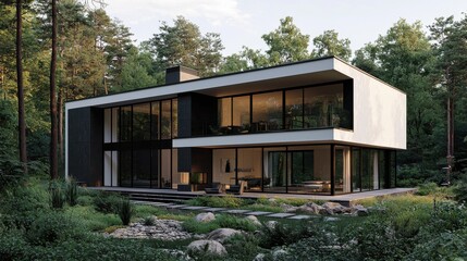 Modern house with glass walls surrounded by trees and greenery