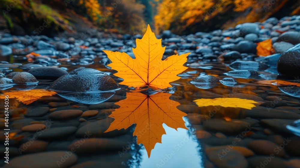 Aufkleber leaf gently floating on a calm river surface surrounded by pebbles and lush foliage creating soft re