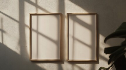 Two framed canvases hang side by side on a textured wall bathed in sunlight with shadows casting across them