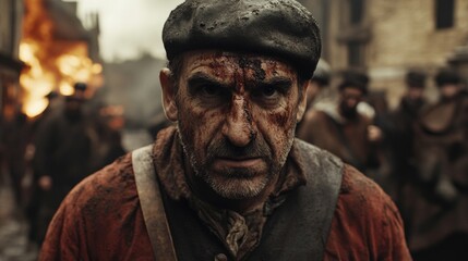 Bloody Injured Man in a Riotous Street Scene