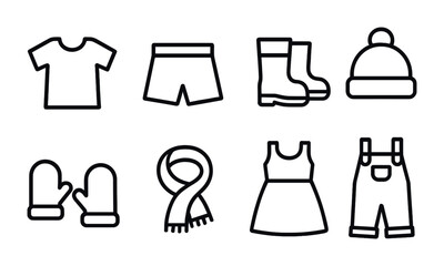 Set of clothing icons including shirt, shorts, boots, hat, mittens, scarf, dress, overalls.
