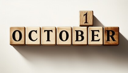 Illustration of wooden blocks with date 1 October. Day and month, simple calendar