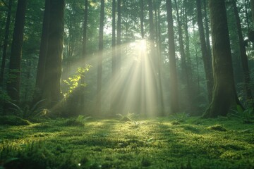 Obraz premium Sunlight filters through trees in a serene forest, illuminating lush green moss and ferns at dawn