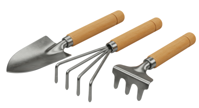 Isolated Gardening Tools Set with Trowel, Rake, and Cultivator