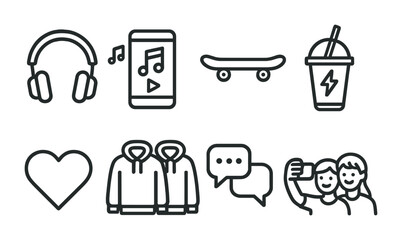 Icon set featuring headphones, music player, skateboard, drink, heart, hoodies, chat, selfie.