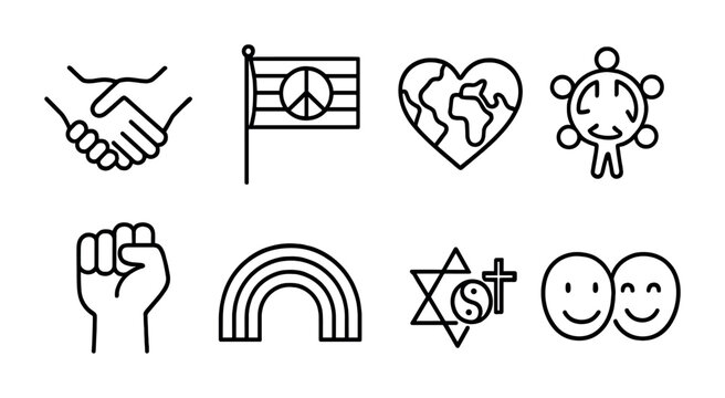 Symbols of peace, unity, and diversity in black and white icon set.