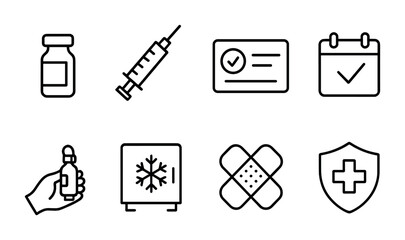 Vaccination essentials: syringe, vial, card, calendar, hand, refrigerator, bandage, shield icons.