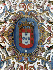 Ancient coats of arms. Painted with bright colors, medieval Europe hereditary symbol. Kingdom of Portugal and Algarves, 19th century