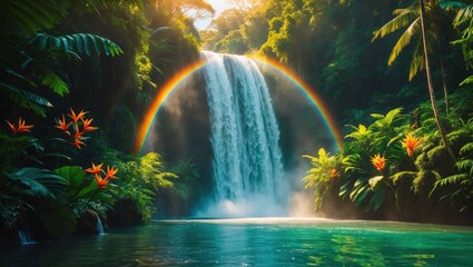 Waterfall rainbow tropical jungle