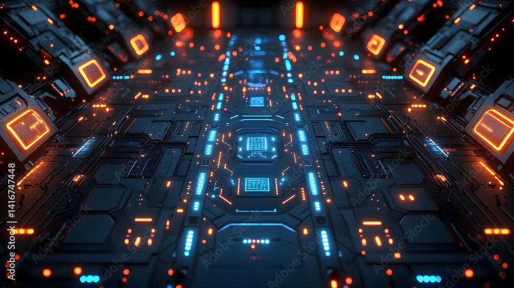 Poster futuristic circuit pathways illuminate a technologically advanced tunnel.