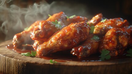 Serving of Steaming Hot Chicken Wings with Bbq Sauce and Parsley