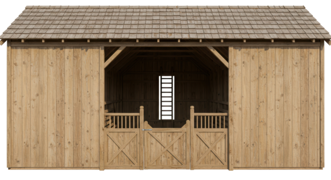 Isolated Wooden Barn Structure with Sliding Doors and Window