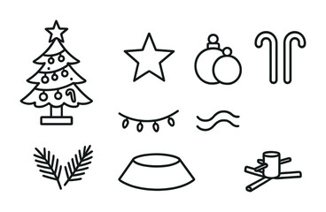 Obraz premium Christmas icons: tree, star, ornaments, candy cane, garland, waves, branches, stand, log symbols.