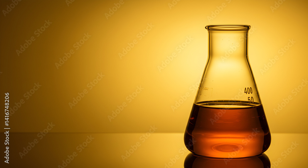 Poster erlenmeyer flask with brown liquid in laboratory setting on golden background