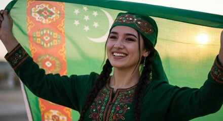 Radiant Turkmen Woman Holding National Flag with Joyful Expression