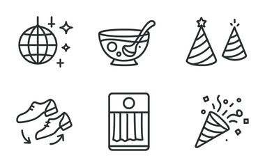 Fototapeta premium Celebration icons featuring disco ball party hats punch bowl dance shoes confetti.