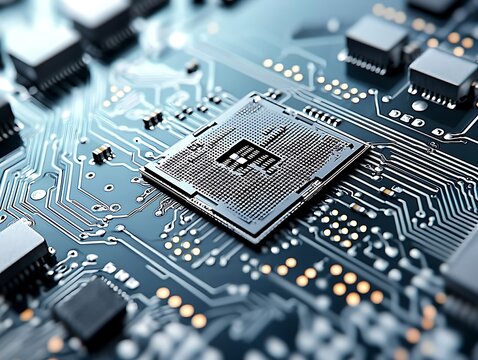 Close-up view of a central processing unit on a circuit board.