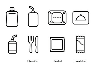 Minimalist icon set: packaging, utensils, sealed containers, snack bars.