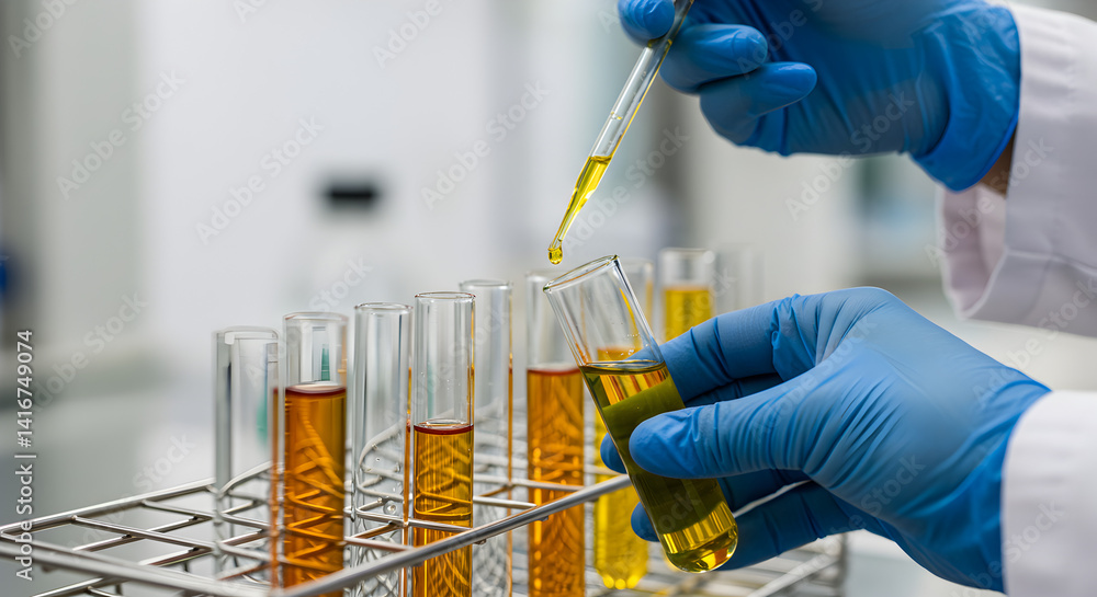 Poster close up of scientist hands with gloves pipetting yellow fluid into test tubes in laboratory