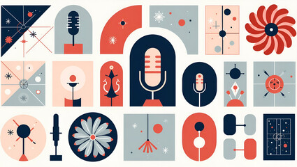 Refined Podcast Design: Modern Geometric Patterns & Bold Visual Hierarchies for Cutting-Edge Audio Branding in Photo Stock Concept with Strategic Empty Space