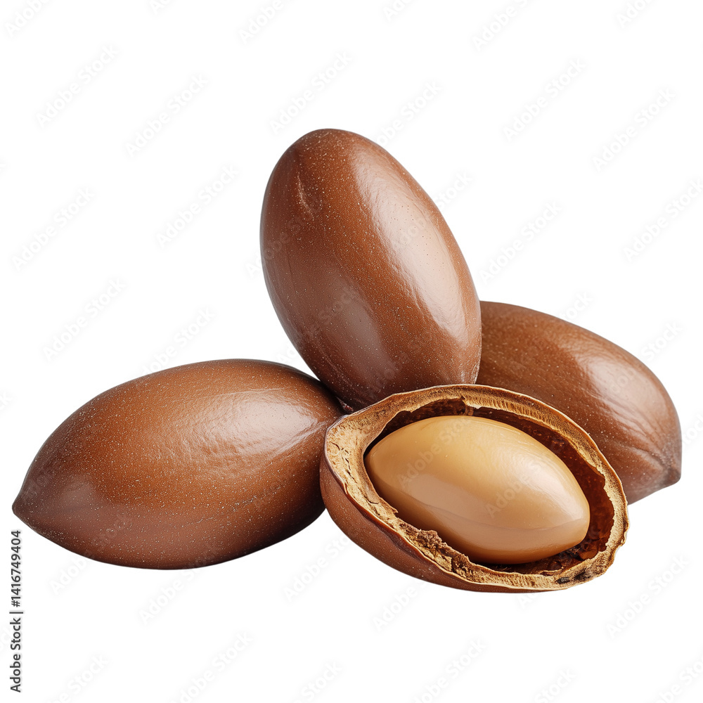 Poster brown argan nuts arranged artistically, showcasing one split open to reveal a smooth inner seed isol